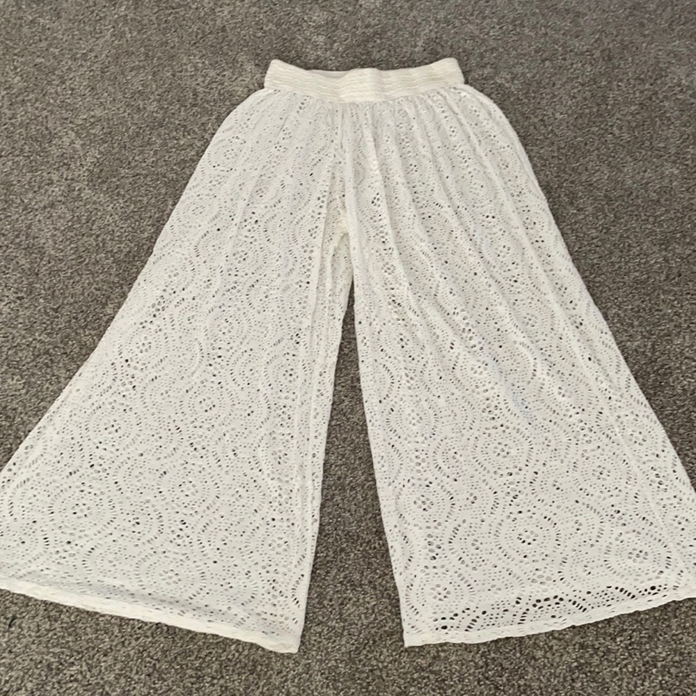 Boho white beach/bathing suit cover up bell bottoms